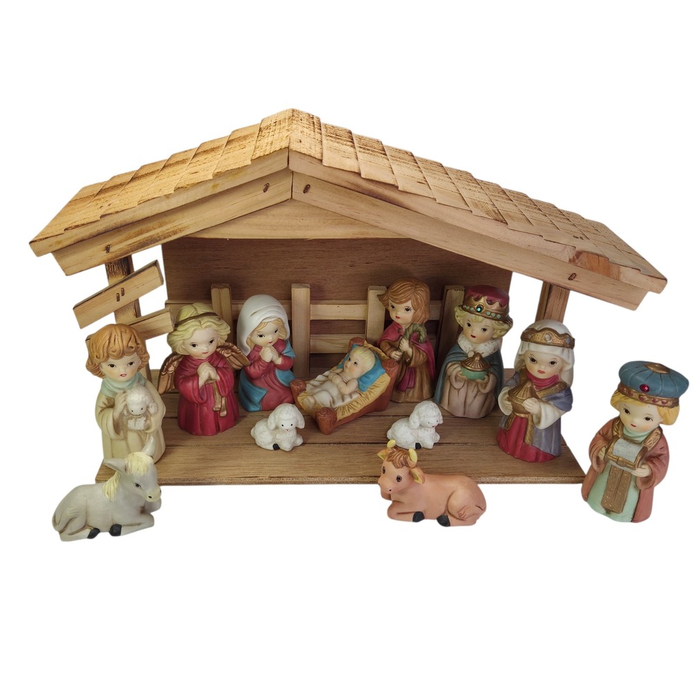 Christmas Nativity Scene Wood Stable Creche 13 Pcs Porcelain Sears Comp Vtg Read